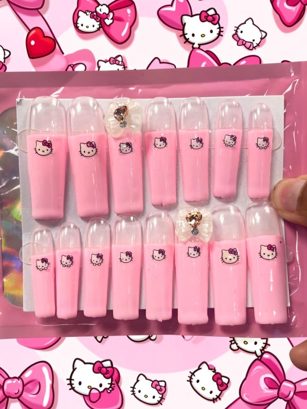 XL Hello Kitty Pink French Press-On Nail Set with Bow Accents